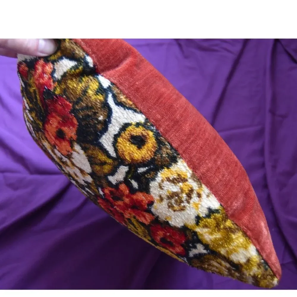Vintage 70s Chenille Floral Pillow 13x13 Mod Velvet Back Boho Decor